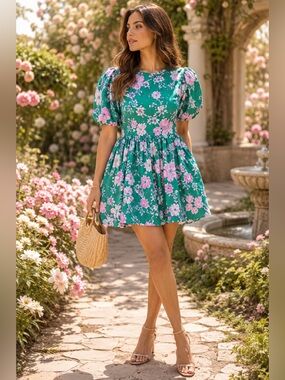 NEW XiRENA Audie Green Pink Floral Mini Dress Cottagecore Coquette Puff Sleeves
